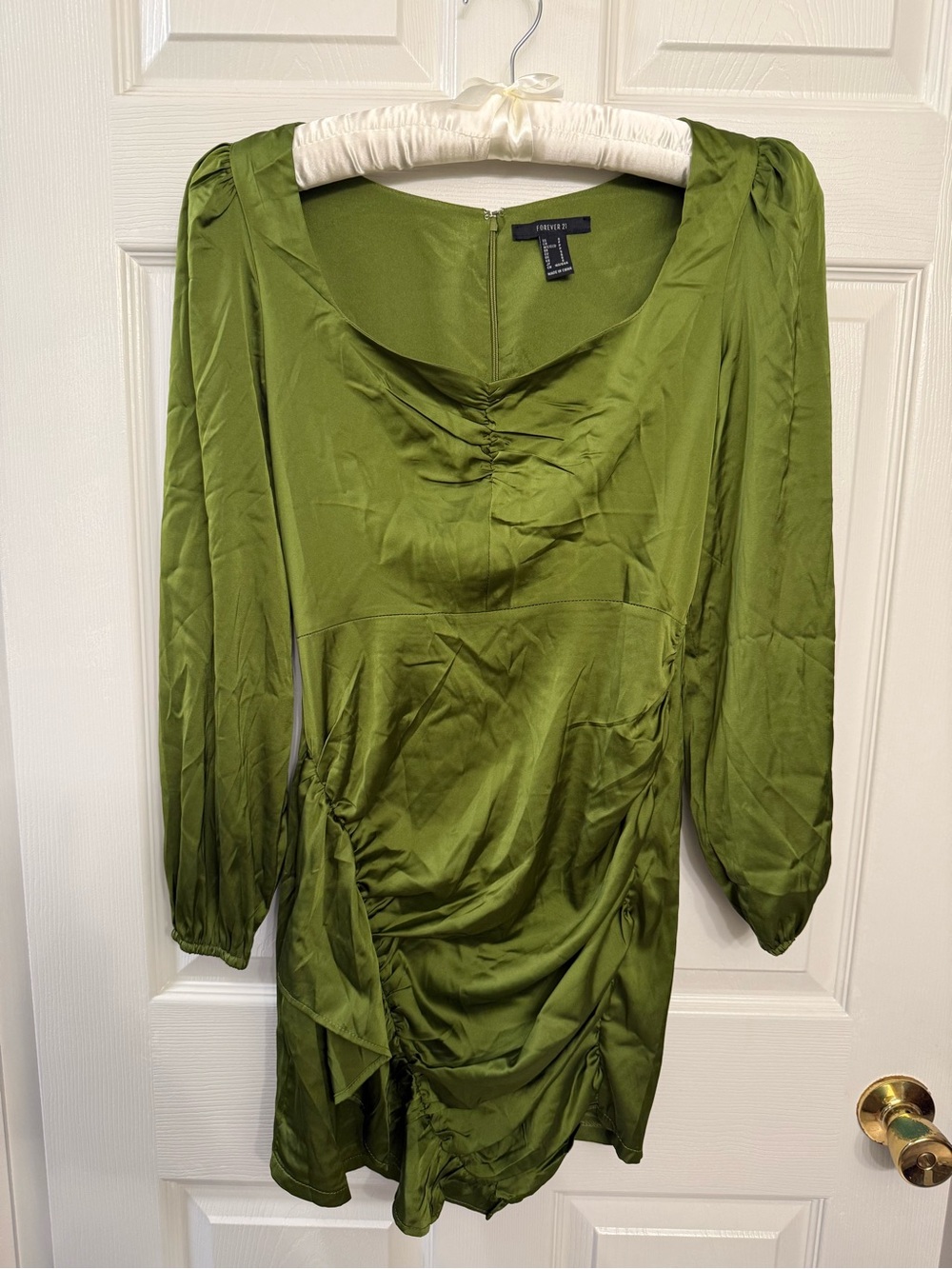 Forever 21 Olive Green Satin Ruched Long Sleeve Dress
